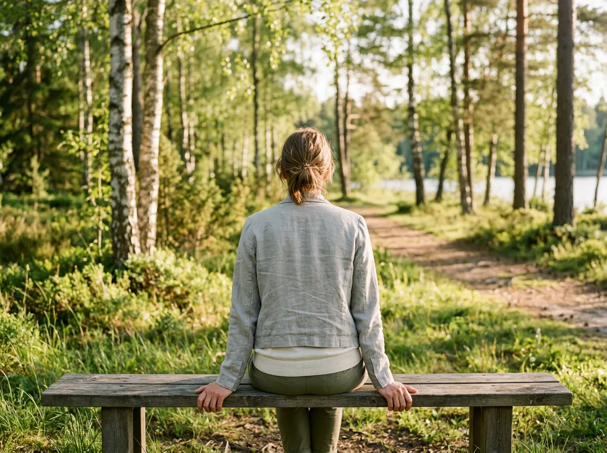 Person sedd bakifrån i en svensk park, lyssnar på naturljud - aktivt vardagsliv och hörselns välmående